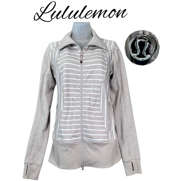 Lululemon Nice Asana Jacket Stripe Women's 8 Beige Luon Full Zip Activewear Yoga - Picture 1 of 16